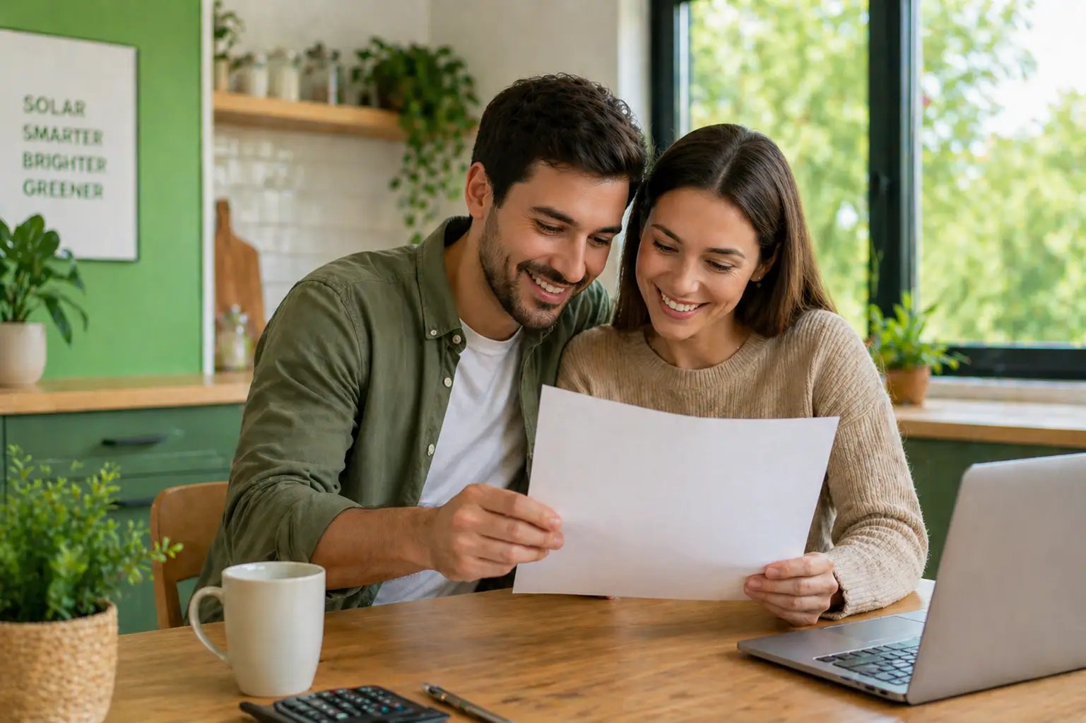 Young couple reviewing solar savings at home